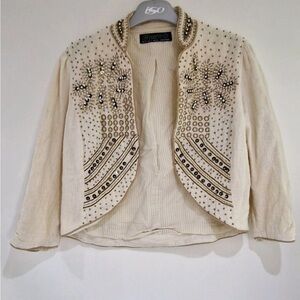 Zara linen embroidery Embellished Cream coastal cottage Western jacket crop Sz M